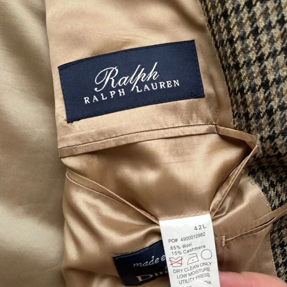 Ralph Lauren Herringbone Plaid Blazer Mens 42L Wool Cashmere Academia Preppy